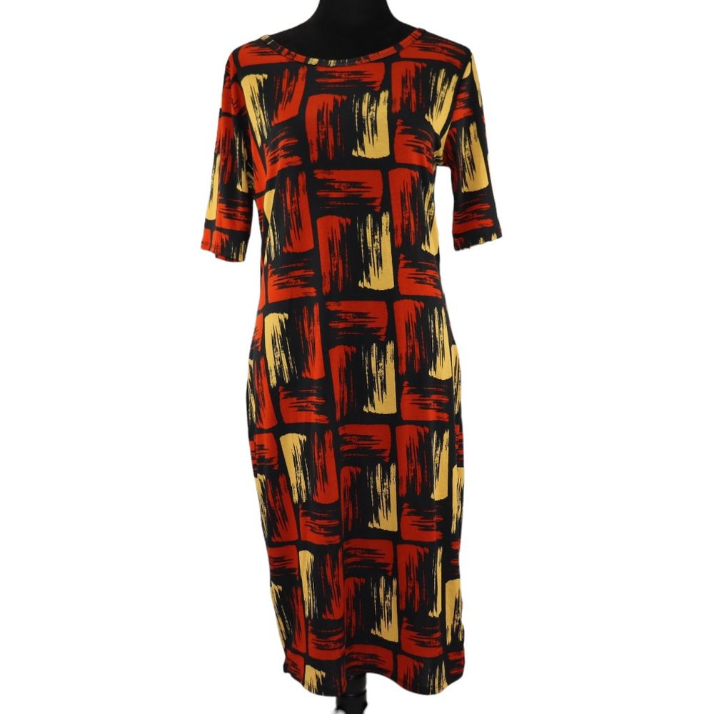 LuLaRoe Women's Julia Bodycon Pullover Dress Yellow & Burnt Red on Black Size L